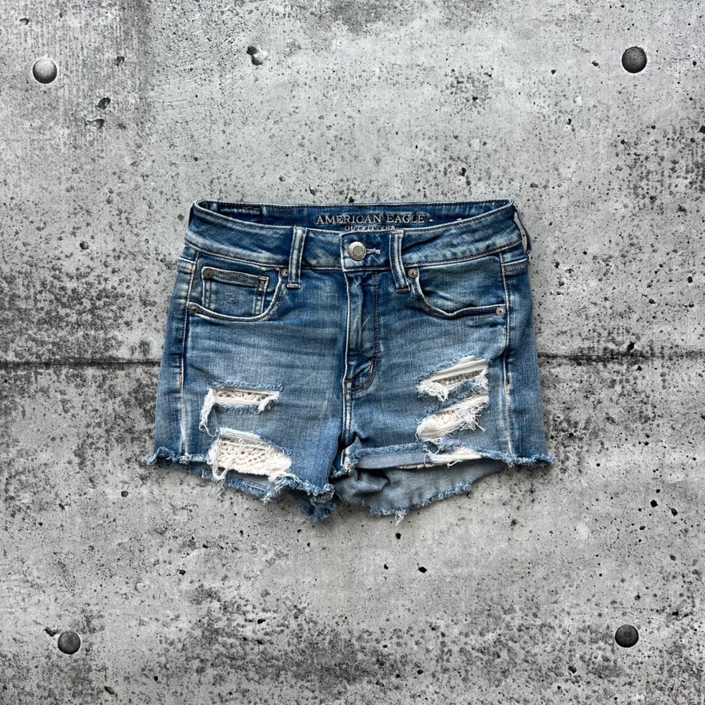 American Eagle Shorts Women 4 Blue Distressed Crochet Lace Denim Festival Y2K